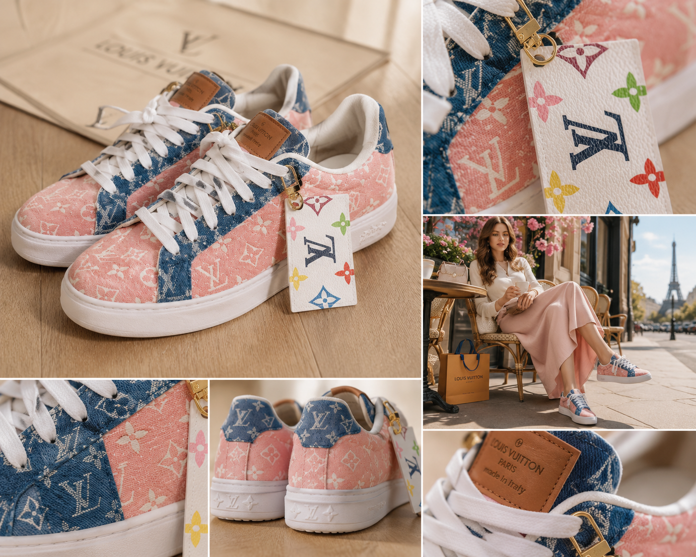 Pastel pink and blue monogram low-top sneaker with tag detail