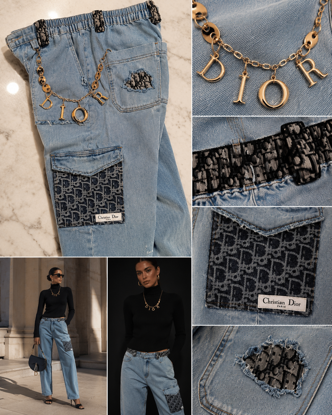 Light denim reconstructed trousers with Dior chain and fabric panel collage