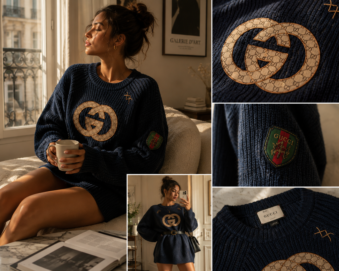 Gucci knit statement piece with editorial detail collage